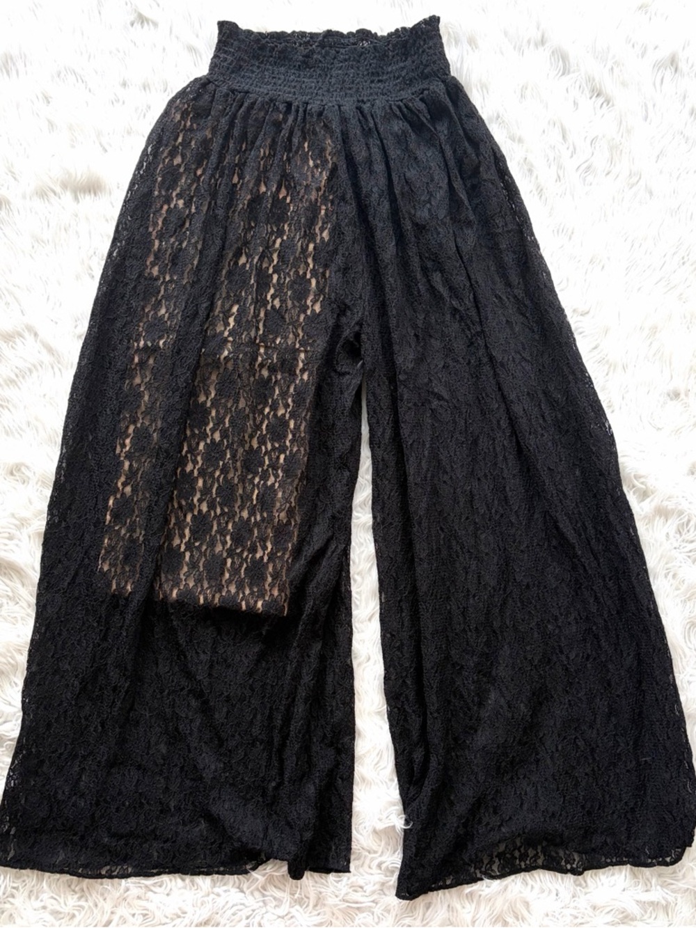 Vintage Black Lace Wide-Leg Pants with Smocked Waist Med-XL Swim Cover Vacation